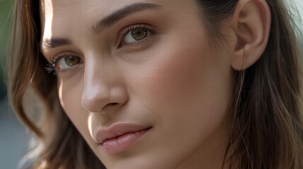 Fototapeta premium Close-up portrait of young caucasian female with expressive eyes and natural makeup