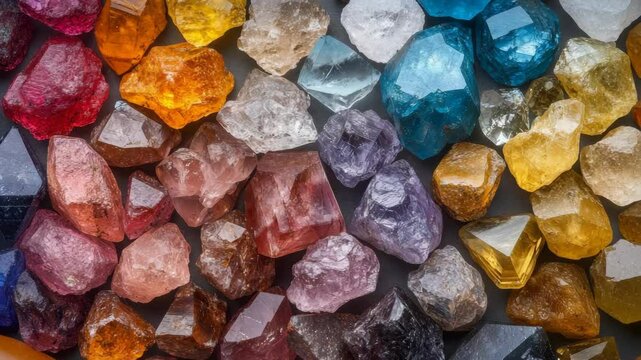 Assortment of colorful raw gemstones in natural light, realistic style, on dark surface. Concept of geology, minerals, and natural beauty
