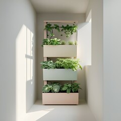 Modern vertical gardening system with lush green plants bright natural sunlight