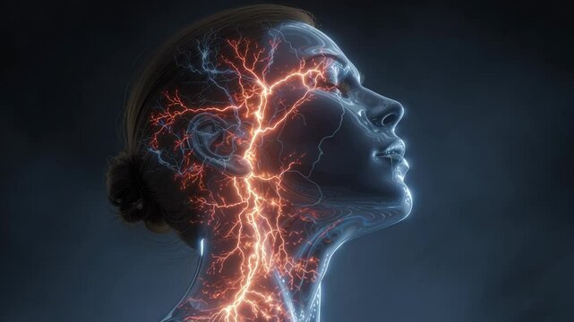 Luminous energy pulsing and flowing through woman's head and neck, highlighting anatomical features with vibrant, ethereal illumination representing neural connectivity and inner vitality