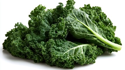 A vibrant bunch of fresh kale with textured leaves displayed against a white background, showcasing the beauty of healthy greens and their nutritional benefits.