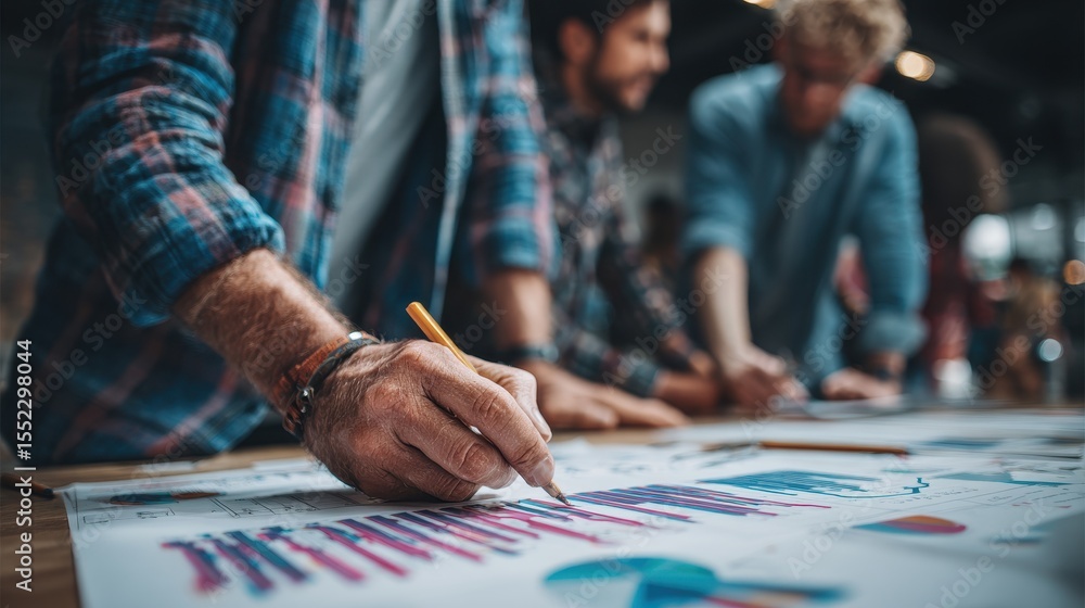 Poster group of creative entrepreneurs examining bar graphs together on a large table in a modern office