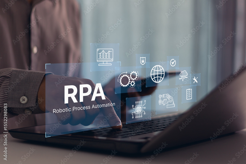 Leinwandbilder Robotic process automation in ai-driven technology system increasing productivity and business efficiency with smart integration of automation data. Businessman setting up automated software on laptop