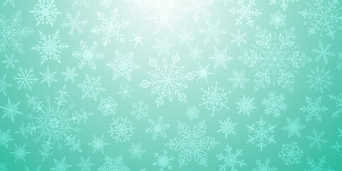 A vibrant Christmas illustration featuring various intricate snowflakes of varying sizes and designs, white on light blue gradient background.
