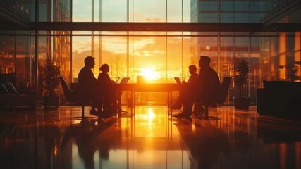 Group of professionals having a meeting in a modern glass office at sunset, warm natural lighting, silhouettes, concept of teamwork and collaboration - Powered by Adobe
