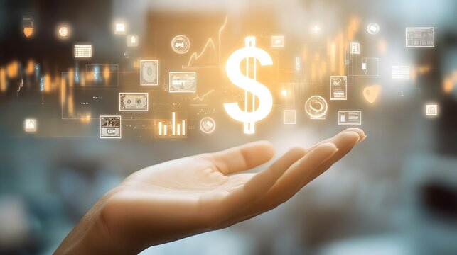 "Envisioning Digital Prosperity: A Hand Supporting a Luminous Dollar Sign Surrounded by Floating Financial Data Icons"