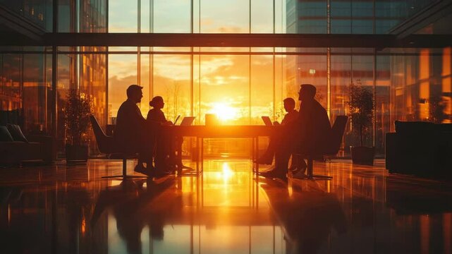 Group of professionals having a meeting in a modern glass office at sunset, warm natural lighting, silhouettes, concept of teamwork and collaboration - Powered by Adobe