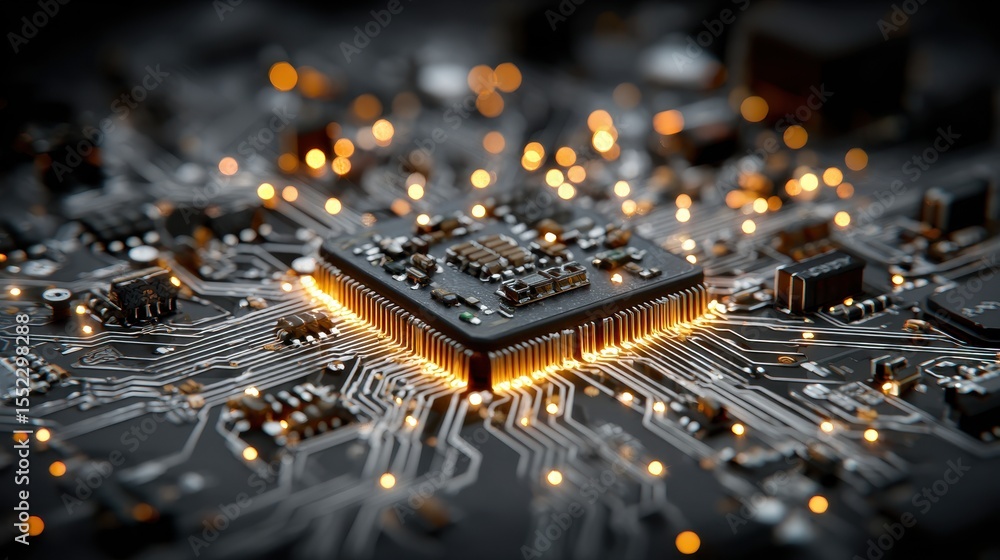 Poster heart shaped technology concept featuring glowing light inside microchip symbolizing love for artifi
