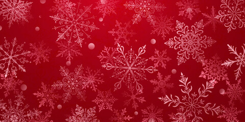 A vibrant Christmas illustration featuring large intricate snowflakes in various designs, layered with depth, interspersed with small circles, white on red background.