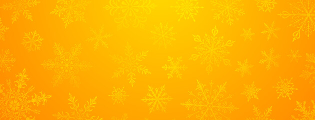 A vibrant Christmas illustration featuring various intricate snowflakes of varying sizes and designs, in yellow tones.