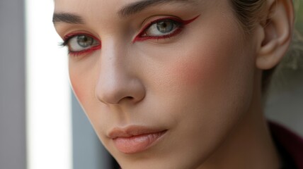 Close-up portrait of young caucasian female with red eyeliner