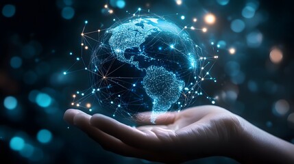Global Digital Connectivity: A Hand Supporting a Spinning Luminous Earth Network Icon