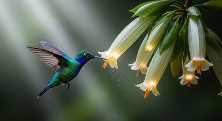 Obraz premium Hummingbird delicately feeding from luminous white flowers in serene nature setting