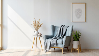 A cozy Scandinavian-inspired reading nook with a soft blue armchair and decorative plants, promoting relaxation and home comfort.