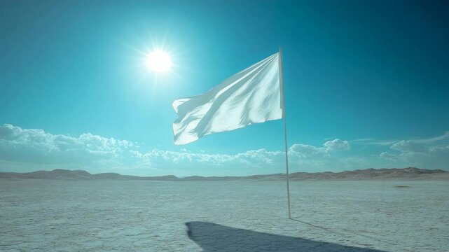 White flag waving in arid cracked desert landscape, natural lighting with bright sun, blue sky with clouds in background, concept of surrender or peace
