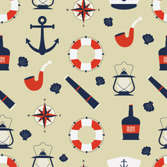 Hand drawn vector seamless pattern with nautical motifs. Sea elements in flat style. Sailing background ornament with pipe, bottle, spyglass and lantern. Red and blue sailing illistration