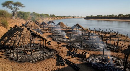 Riverside burned huts after fire with smoke rising against clear sky in remote landscape