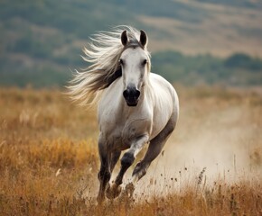 A horse runs across a pasture in the wild