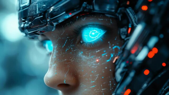 Close-up of a futuristic cybernetic human face with glowing digital eyes, realistic style, on a blurred sci-fi background, concept of advanced technology