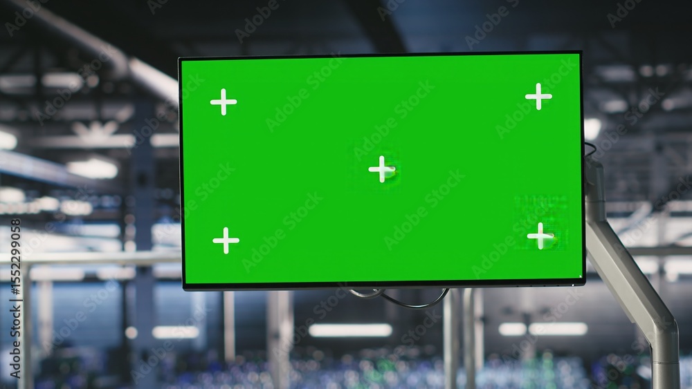 Poster industrial platform workstation in automated data center displaying deep learning code on green scre