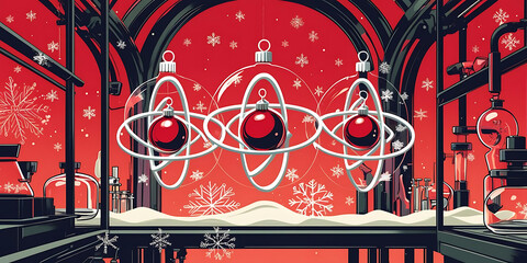 Science Inspired Holiday Scene with Red Atom Models

