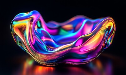 Obraz premium Abstract iridescent shape, colorful crystal, 3d render. Glowing and holographic glass shapes isolated on black. Neon light Illuminated Futuristic technology design.