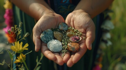 Close-up of shaman's hands holding dried medicinal herbs and sacred stones, 