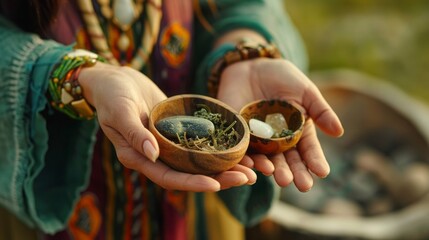 Close-up of shaman's hands holding dried medicinal herbs and sacred stones, 