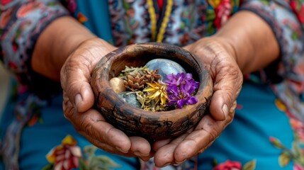 Close-up of shaman's hands holding dried medicinal herbs and sacred stones, 