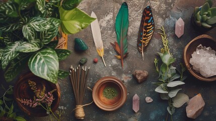 Collection of sacred shamanic tools laid out on an altar, feathers, crystals, and incense, 