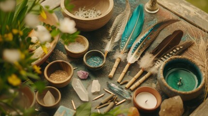 Collection of sacred shamanic tools laid out on an altar, feathers, crystals, and incense, 