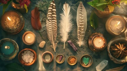 Collection of sacred shamanic tools laid out on an altar, feathers, crystals, and incense, 