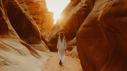 Desert shaman walking through an ancient canyon, warm glowing sunset, 