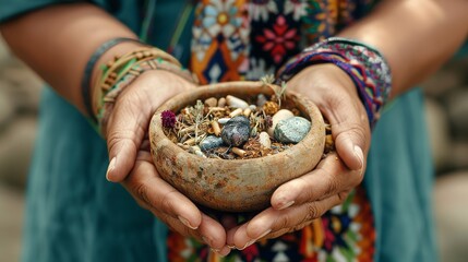 Close-up of shaman's hands holding dried medicinal herbs and sacred stones,