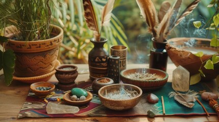 Collection of sacred shamanic tools laid out on an altar, feathers, crystals, and incense, 
