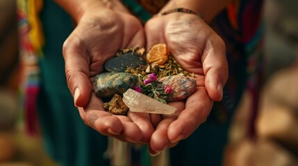 Close-up of  hands holding dried medicinal herbs and sacred stones, 