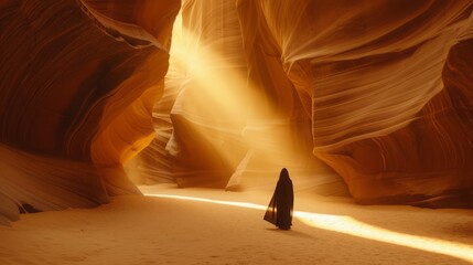 Desert shaman walking through an ancient canyon, warm glowing sunset,