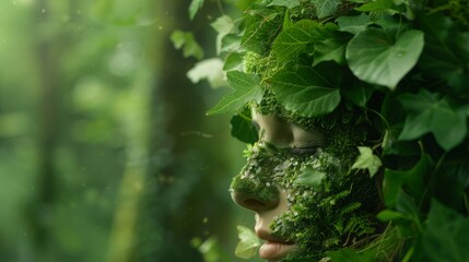 Forest shaman covered in moss and leaves, blending into nature, 