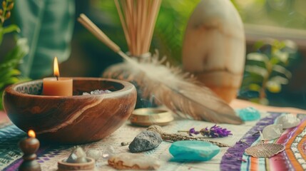 Collection of sacred shamanic tools laid out on an altar, feathers, crystals, and incense