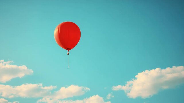 A single red balloon floating gently against a blue sky with soft clouds, symbolizing freedom and simplicity, in a realistic photo style