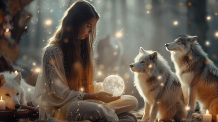 Shaman summoning animal spirits, glowing ethereal wolves and owls circling,