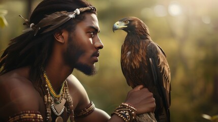 Shaman with a majestic eagle perched on their arm, deep connection, 