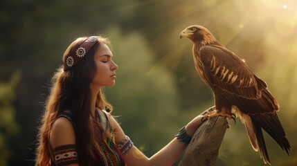Shaman with a majestic eagle perched on their arm, deep connection,