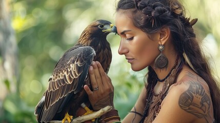 Shaman with a majestic eagle perched on their arm, deep connection, 