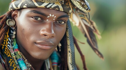 Shaman with a snake wrapped around their shoulders, piercing gaze, 