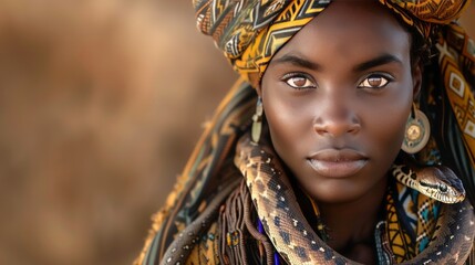 Shaman with a snake wrapped around their shoulders, piercing gaze,