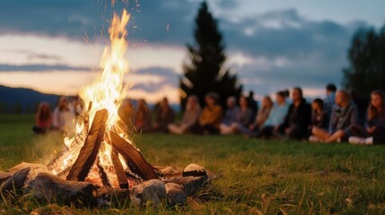 Shamanic fire ceremony at night, embers rising into the dark sky, 