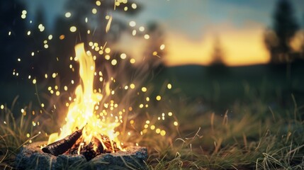 Shamanic fire ceremony at night, embers rising into the dark sky, 