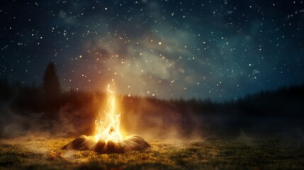 Shamanic fire ceremony at night, embers rising into the dark sky,
