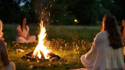 Shamanic fire ceremony at night, embers rising into the dark sky,